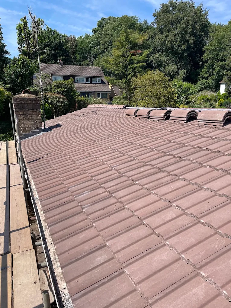 Red interlocking tile roof with ridge tiles and a chimney, trees and houses beyond