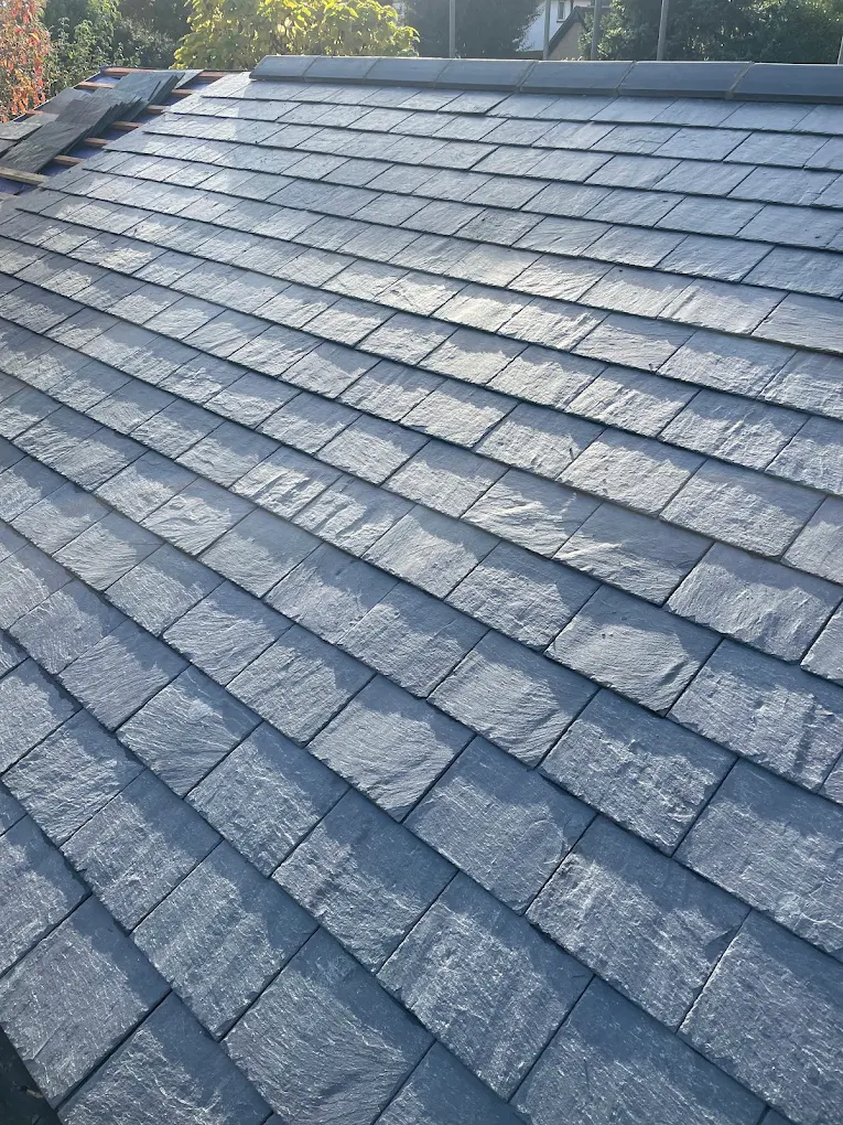 Close view of rows of new slates on a pitched roof